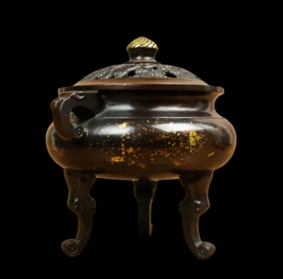 Xuande Signed Old Chinese Red Copper Gilding Handmade Incense Burner w/ear N3785