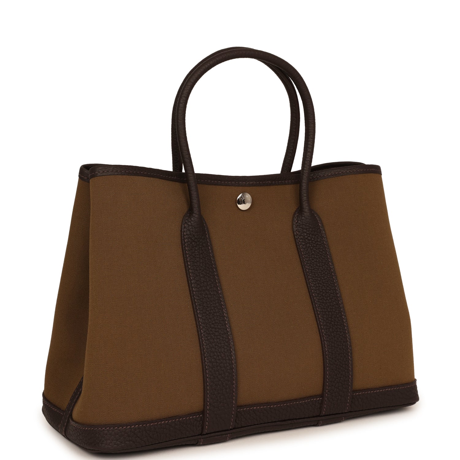 HERMÈS Garden Party 30 Vert Loden Toile Officier Canvas, Bai Brun Negonda Palladium Hardware