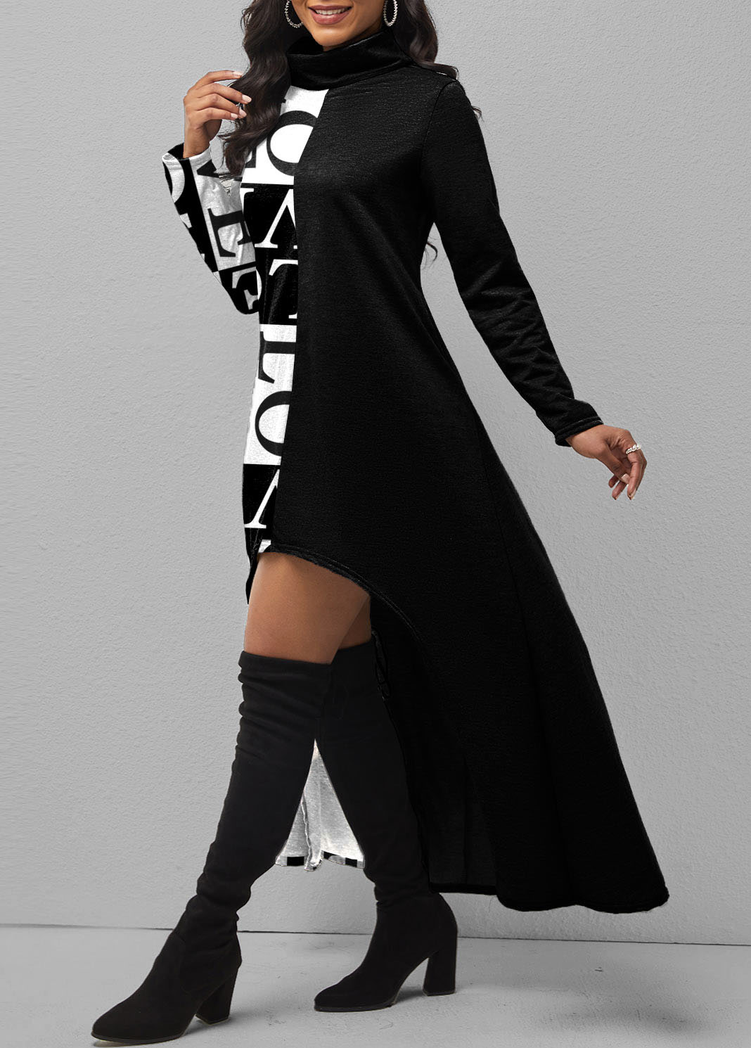 Letter Print Turtleneck Dip Hem Dress