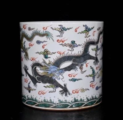 Kangxi Signed Old Chinese Famille Rose Brush Pot W/dragon N213
