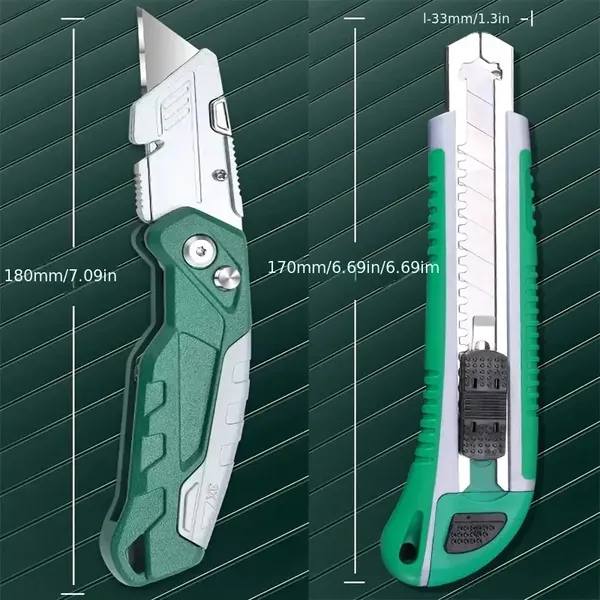 2pcs Utility Knife Set: Retractable Cutter (5 Blades) Folding Utility Knife PTR Plastic Handle Safety Lock Built-in Blade Storage (3 Blades) SK5 Sharp Blade, Portable Pocket Clip Quick Change Design F