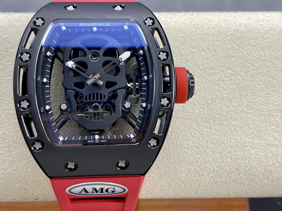 【7A Quality】Replica Richard Mille RM052 Titanium Skeleton Tourbillon Watch with Red Rubber Strap