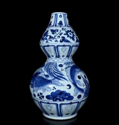 44CM Old Chinese Blue and White Gourd Vase W/fish N2016