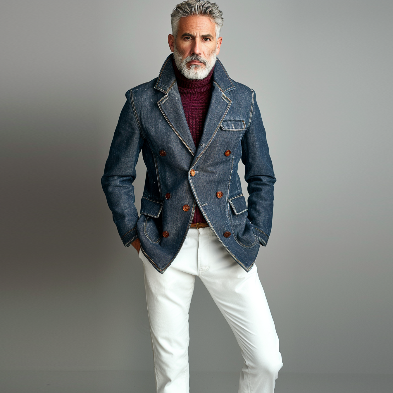 Men's Business Denim Notch Lapel Buttons Flap Pocket Blazer