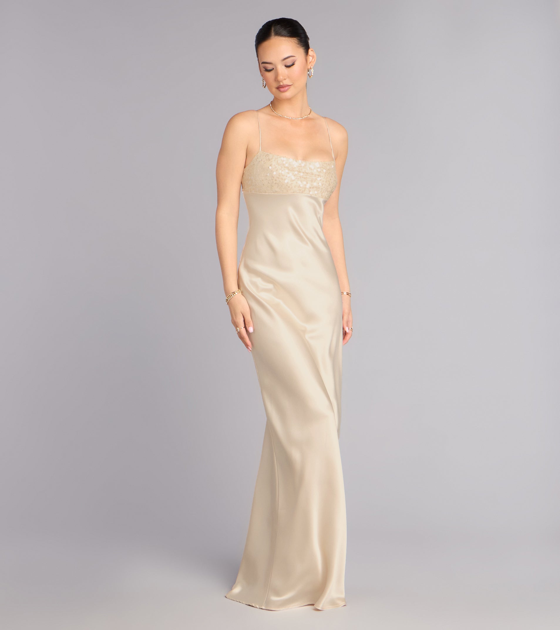 Satin Sequin Lace‑Up Formal Dress