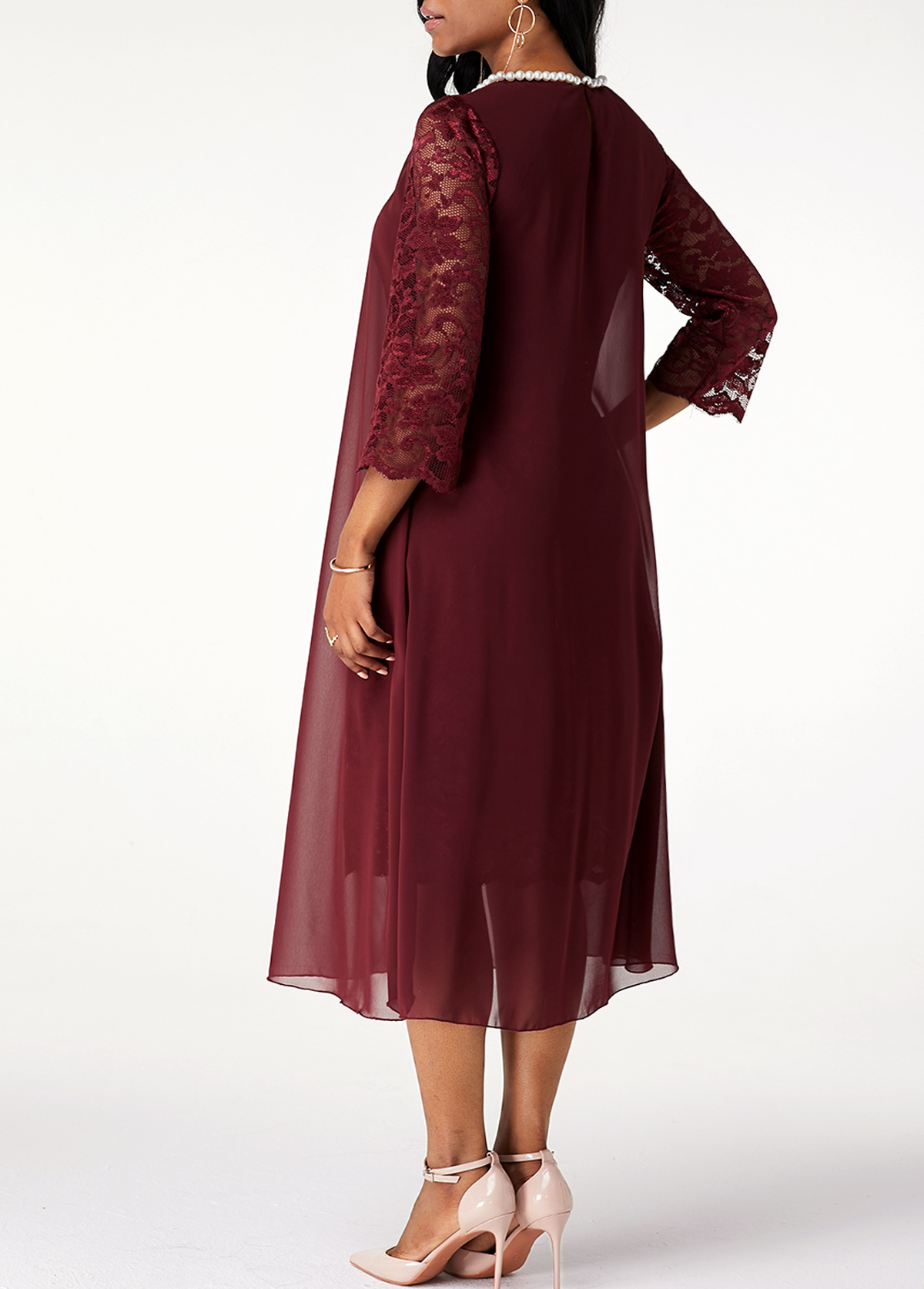 Lace Stitching Pearl 3/4 Sleeve Chiffon Dress