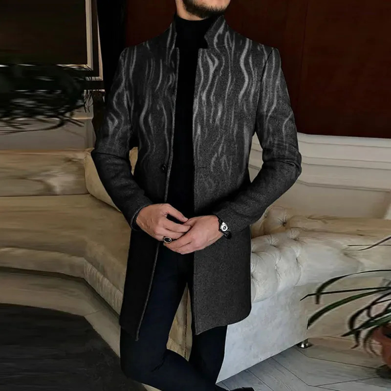 Men's Business Geo Plaid Pattern Buttons Stand Collar Long Sleeve Coat