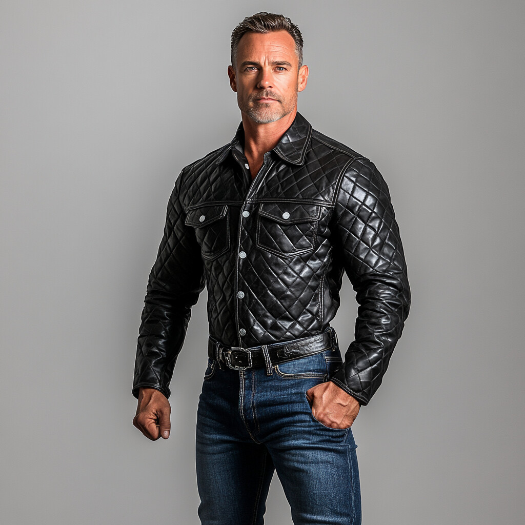 Men's Turndown Collar Chest Pocket Long Sleeve Quilted PU Leather Shirt