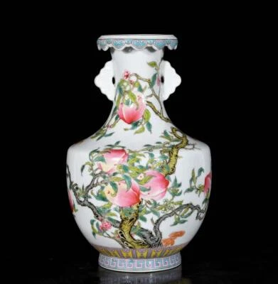 Yongzheng Signed Pair Old Chinese Colour Enamel Vase W/peach N3595