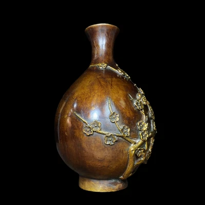 Qianlong Signed Old Chinese Copper Vase w/plum blossom N4200
