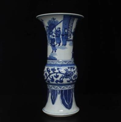 38CM Kangxi Signed Old Chinese Blue and White Vase W/figures