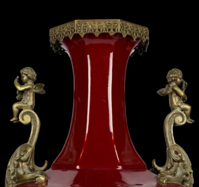 63CM Qianlong Signed Old Chinese Red Glaze Vase w/angle N4027