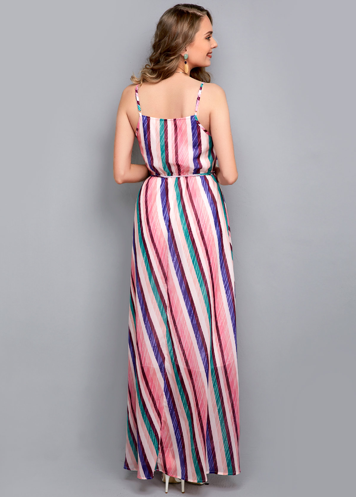 Sleeveless Drawstring Waist Striped Print Maxi Dress
