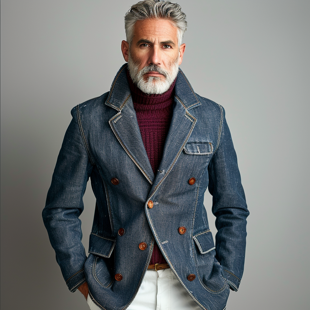 Men's Business Denim Notch Lapel Buttons Flap Pocket Blazer