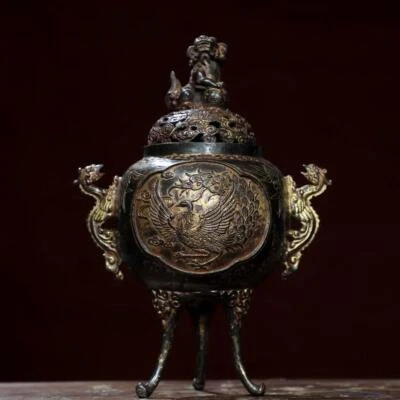 Xuande Signed Old Chinese Bronze Incense Burner w/phoenix N2841