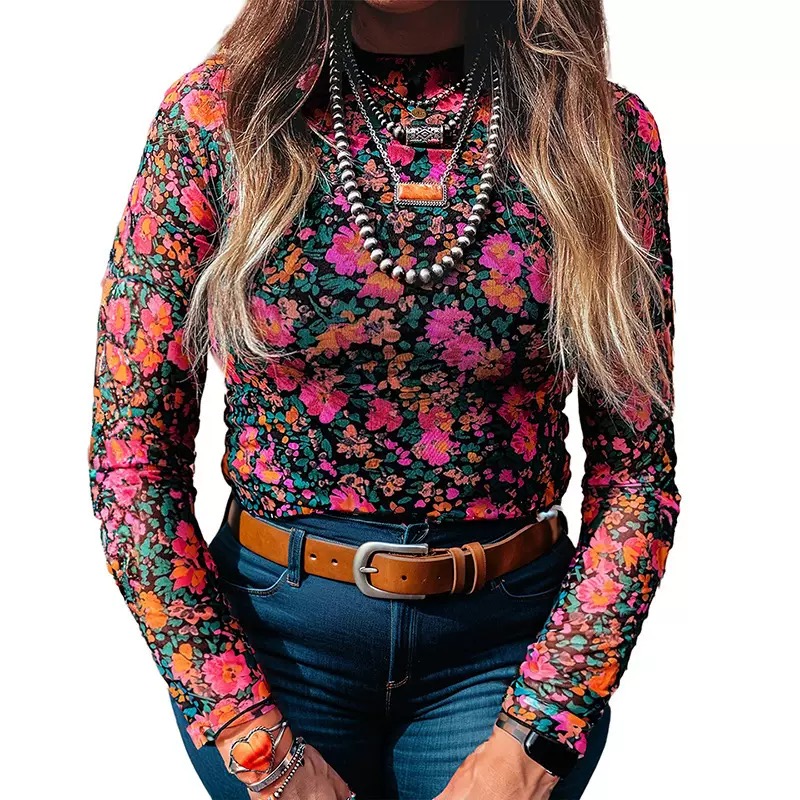 Rose Plus Size Vintage Floral Print Mesh Long Sleeve Top