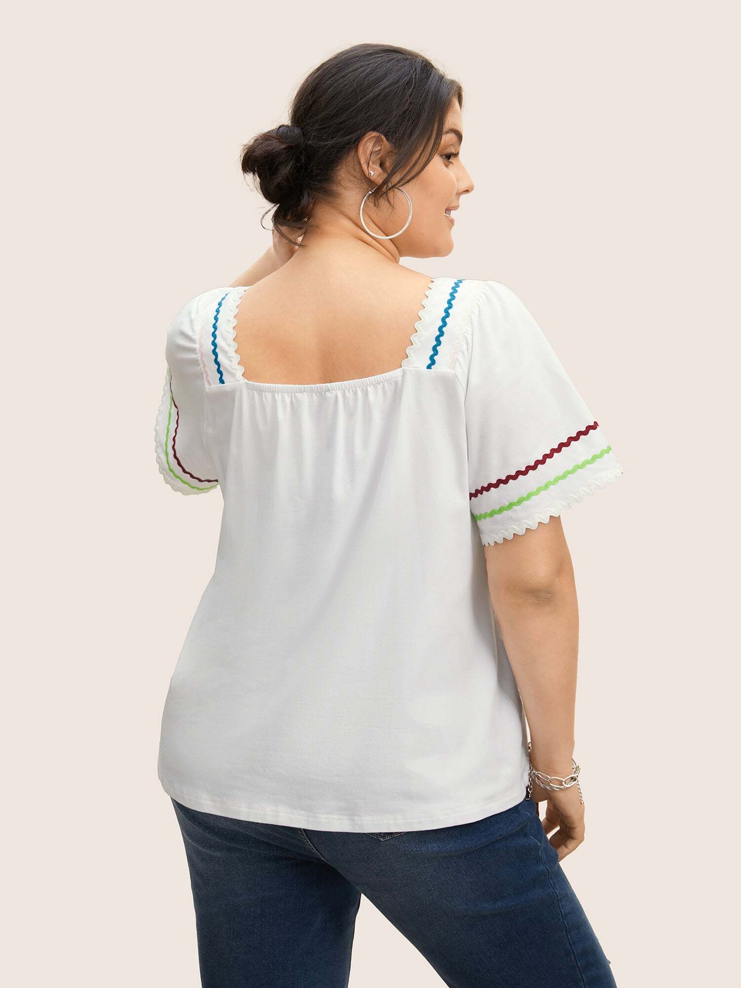 Square Neck Woven Ribbon Contrast Ruffle Sleeve T-shirt
