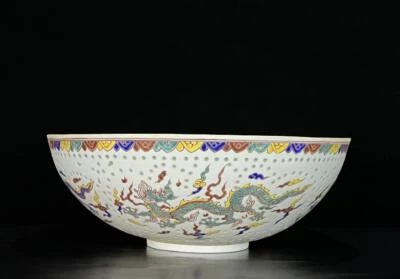 33CM Chenghua Signed Old Chinese Doucai Bowl W/dragon N1225