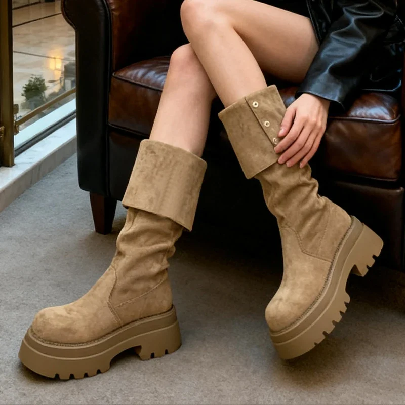High Heels Women High Boots Fashion Dress Chunky Shoes Suede Designer Luxury Boots