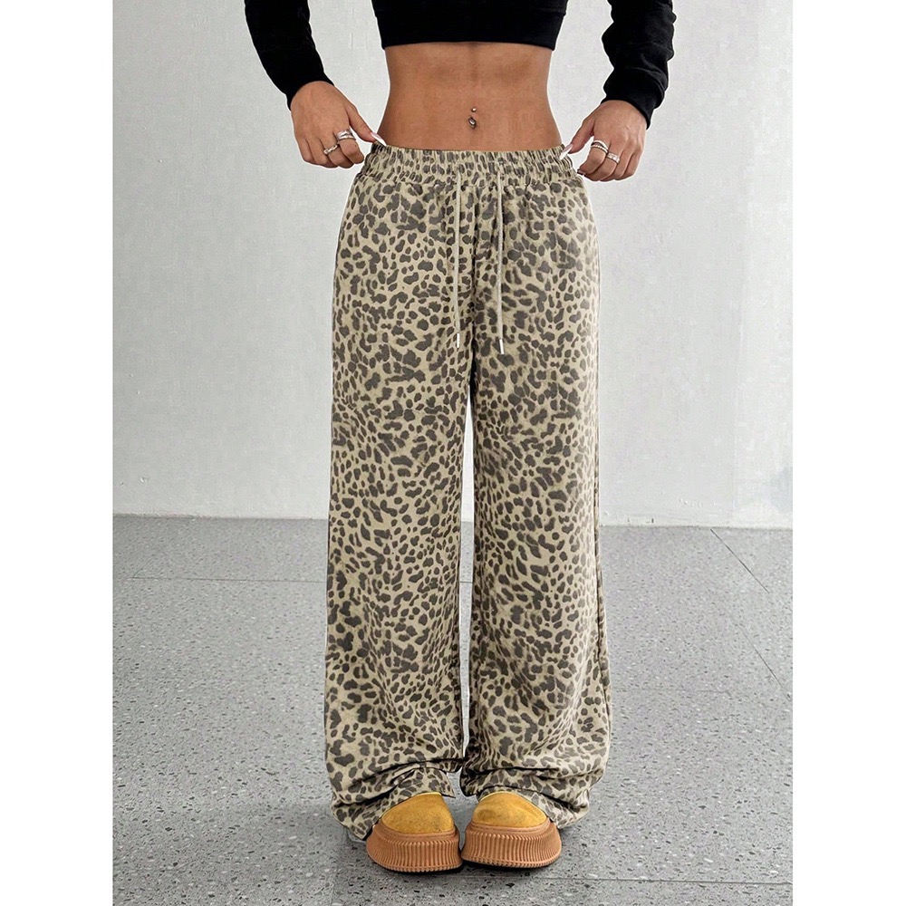 Women's Leopard Print Elastic High Waist Long Pants Cheetah Printed Wide Leg Loose Trousers with Pockets