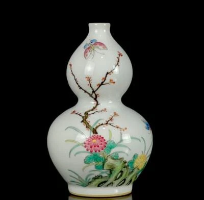 Qianlong Signed Pair Old Chinese Famille Rose Gourd Vase W/bird CK663