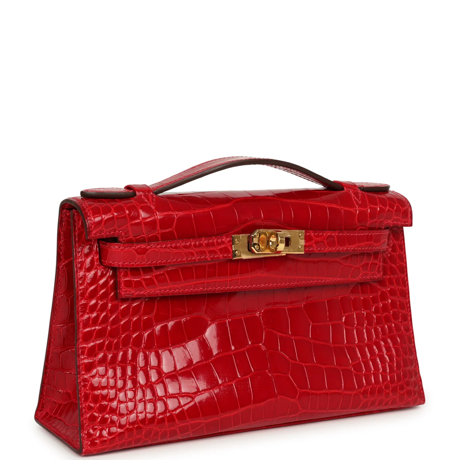 HERMÈS Kelly Pochette Braise Shiny Alligator Gold Hardware