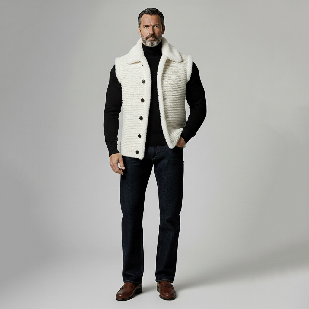 Men's White Fuzzy Trim Turndown Collar Button Sleeveless Knit Vests