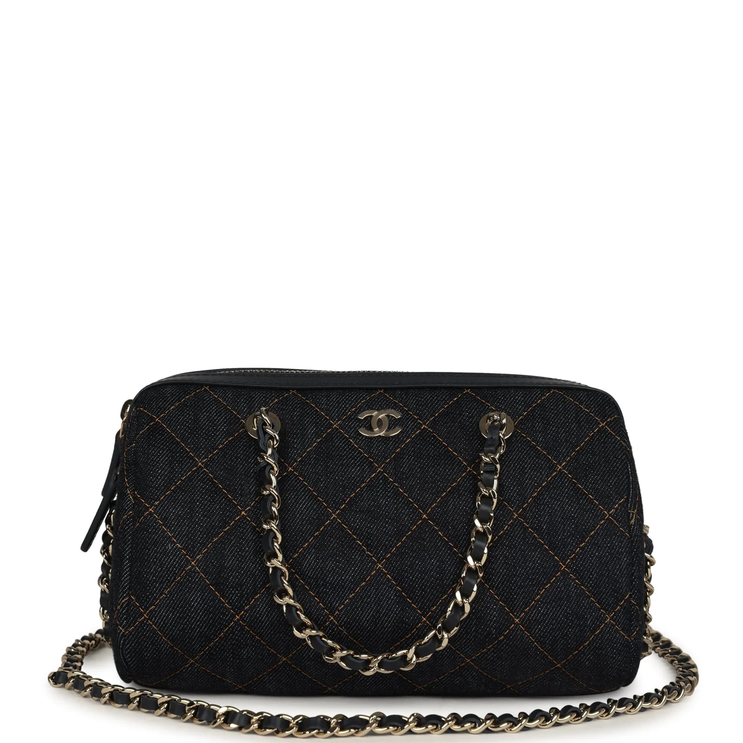 Chanel Mini Timeless Classic Barrel Bag with Chain Dark Blue Denim Light Gold Hardware