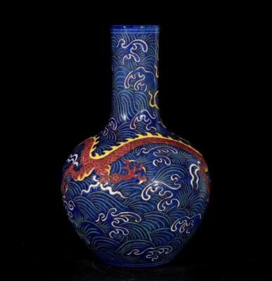 38CM Old Chinese Red Green Color Vase W/dragon N3768