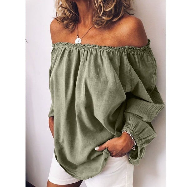 Elastic pleated cotton and linen long-sleeved Off shoulder shirt