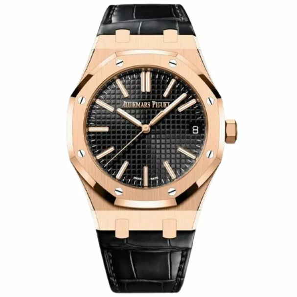 AUDEMARS PIGUET Royal Oak Rose Gold '50th Anniversary' with Black Dial and Leather Strap Super Clone