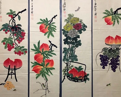 Four Qi Baishi Signed Chinese Hand Painted Calligraphy Scroll w/peach