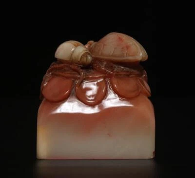 Signed Old Chinese Shoushan Stone Seal Stamp Statue w/two cicada 310g