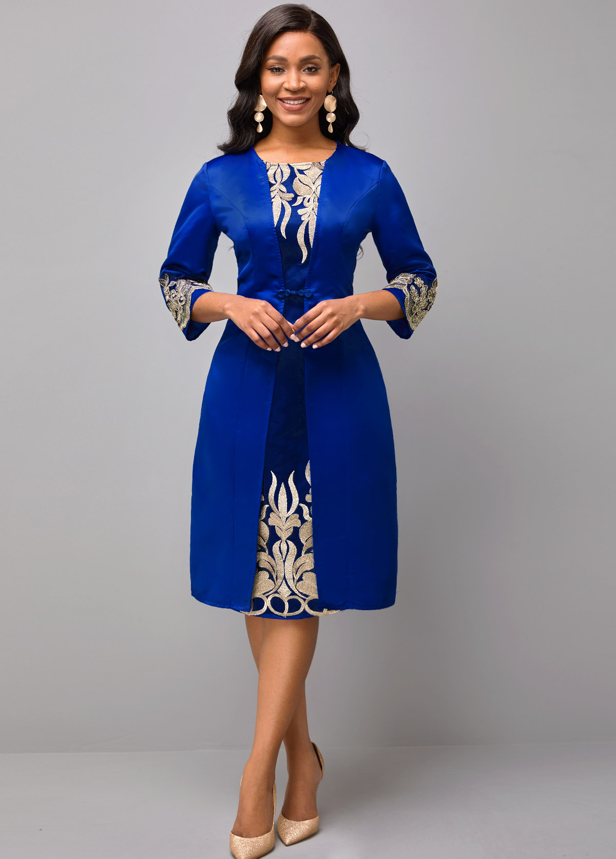 3/4 Sleeve Round Neck Embroidered Dress