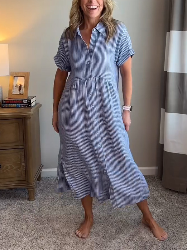 🌲🔥 Striped Lapel Button Down Shirt Dress