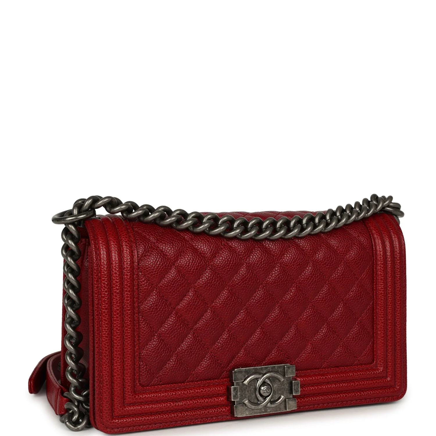 CHANEL Medium Boy Bag Dark Red Shiny Caviar Aged Ruthenium Hardware
