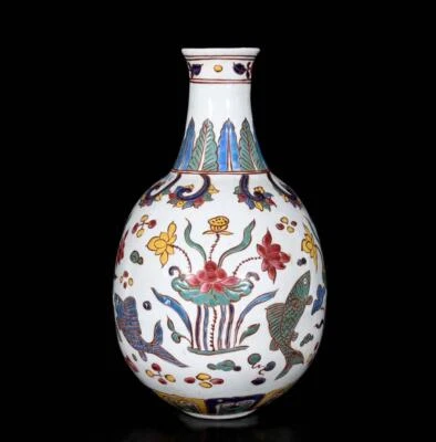 32CM Xuande Signed Old Chinese Wucai Vase W/fish N3757