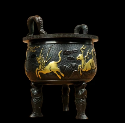 Xingsuzhai Signed Old Chinese Red Copper Handmade Incense Burner w/horse N3790