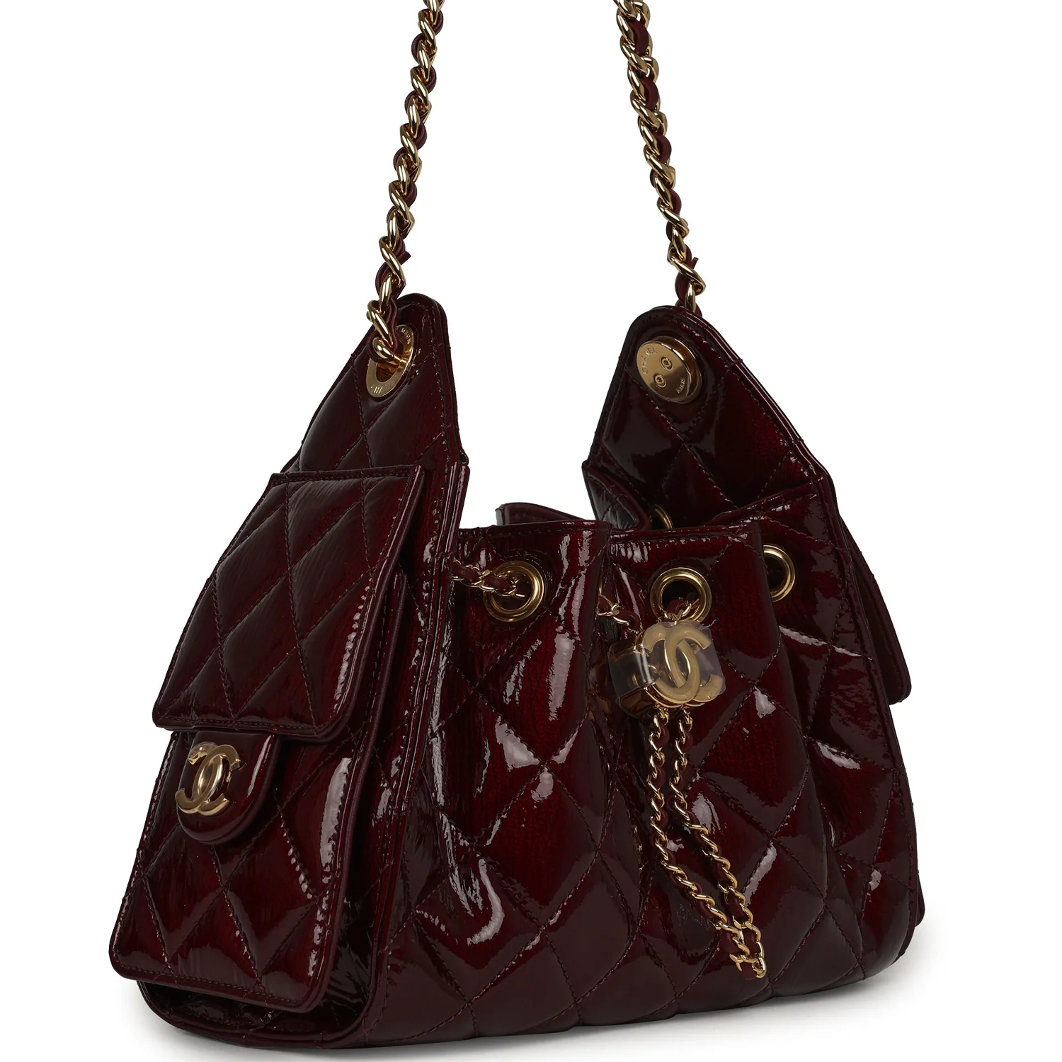 CHANEL Mini 25 Hobo Bag Burgundy Patent Lambskin Gold Hardware