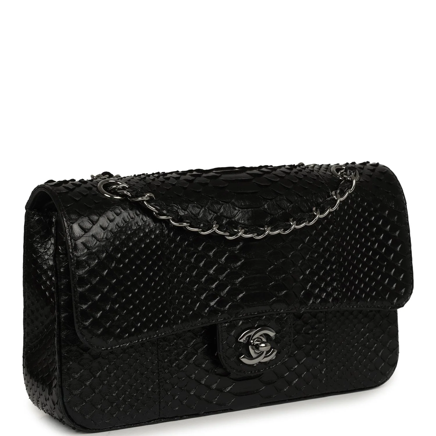 CHANEL Medium Classic Double Flap Bag Black Python Silver Hardware