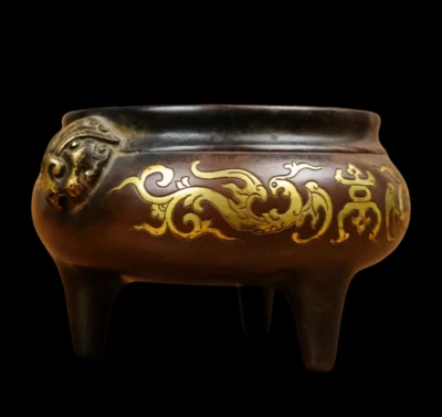 Hu Kaiming Signed Old Chinese Red Copper Handmade Incense Burner w/lion N3865