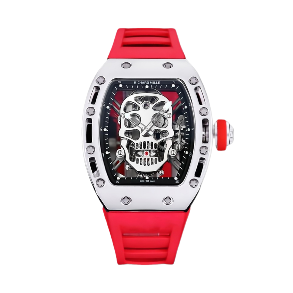 【7A Quality】Best Swiss Replica RICHARD MILLE RM 52 Tourbillon Super Clone Watch – Skull Skeleton Dial, Red Strap