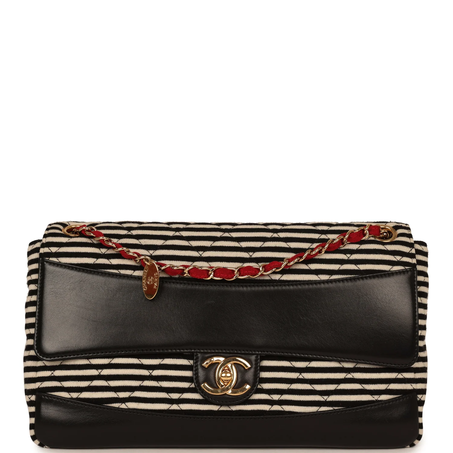 CHANEL Jumbo Coco Sailor Flap Bag Navy Blue, Lambskin, White, Navy Blue Jersey Gold Hardware