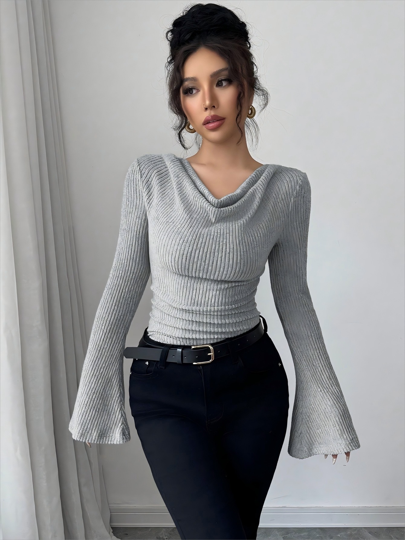 2026 Autumn/Winter European and American Cross-Border Women's Ribbed Base Shirt, Off-Shoulder Slim-Fit Knitted Long-Sleeve Top, Hot-Selling Commuter Style