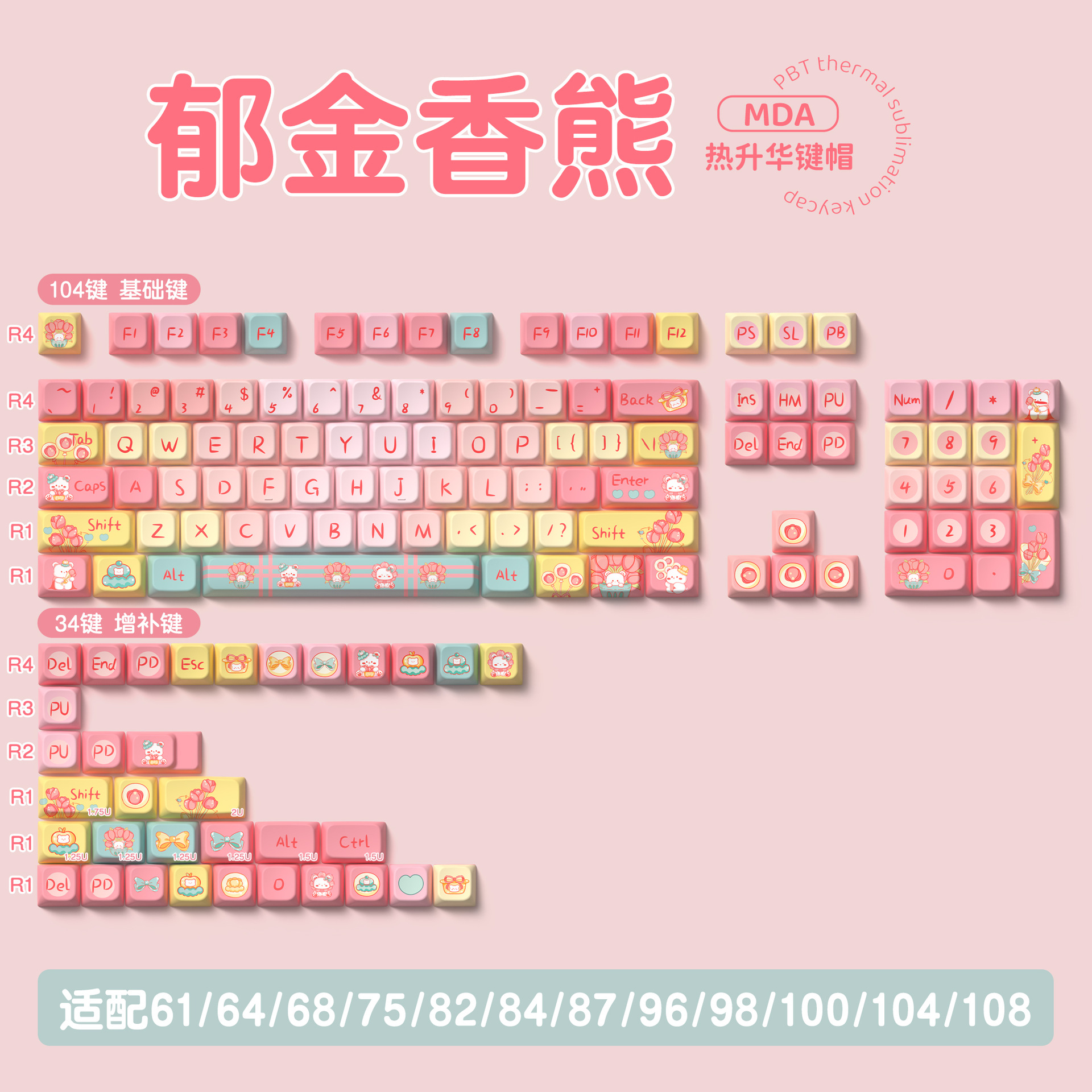 Tulip Bear Original PBT Keycap Set – MDA Profile Full 5-Side Dye-Sub – 138/158 Keys