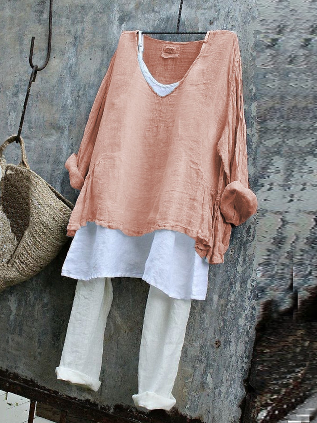 Casual Long Sleeve V Neck Plain Shirts & Tops