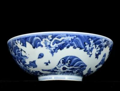 26CM Xuande Signed Old Chinese Blue and White Bowl W/dragon N3452