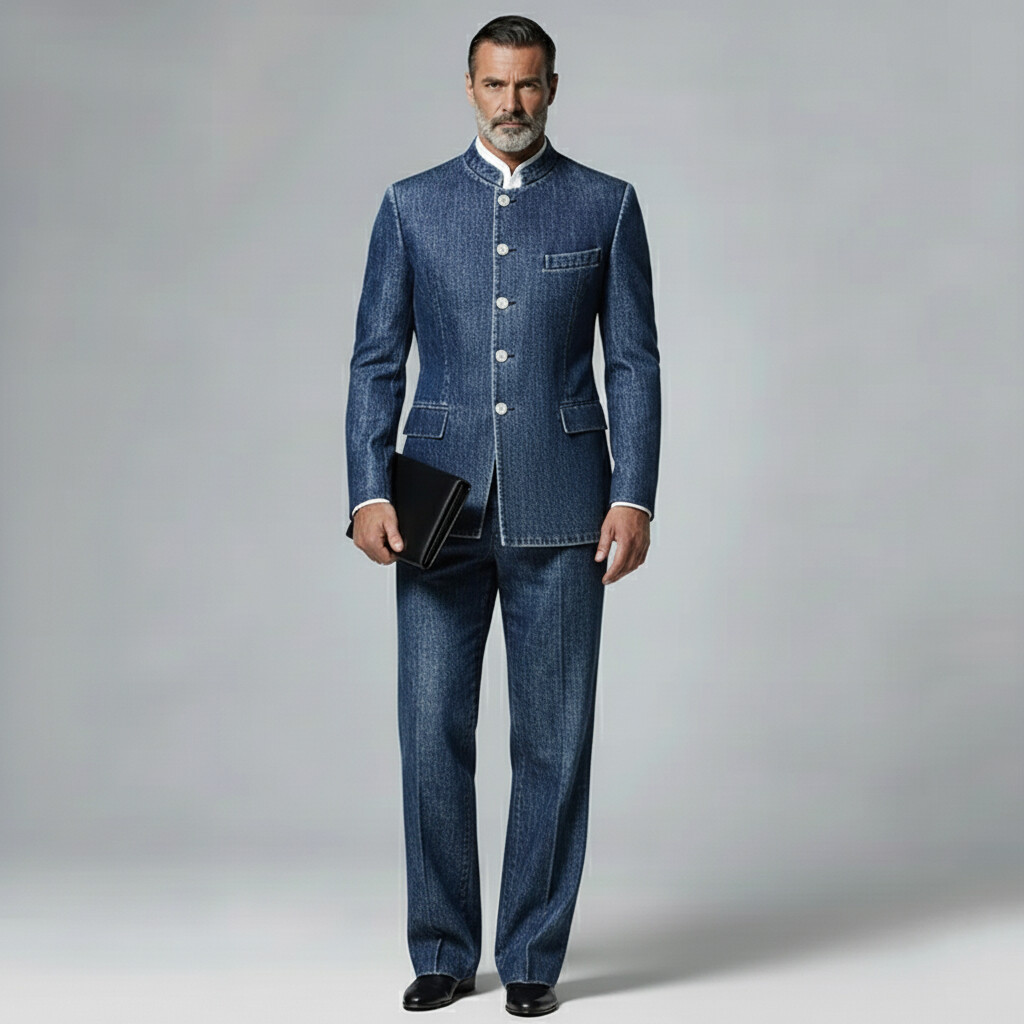 Men's Business Blue Denim Stand Collar Single Breasted Long Sleeve Blazer & Straight Jeans 2Pcs Set