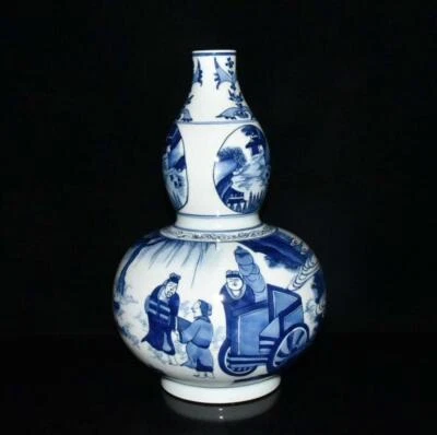 34CM Kangxi Signed Old Chinese Blue and White Gourd Vase W/figure N3038