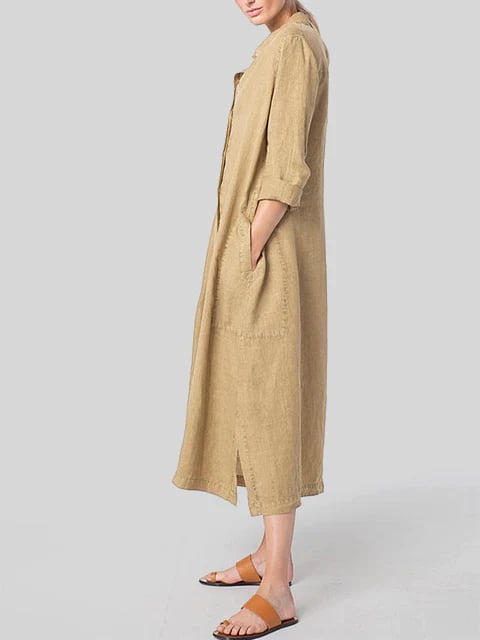 Cotton and Linen Hem Side Slit Shirt Dress